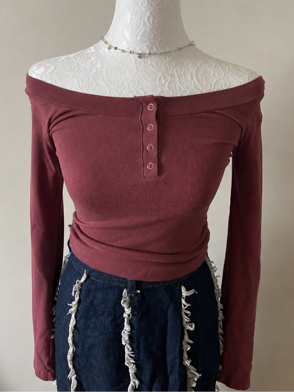 Free People Off-Shoulder Ribbed Henley Long Sleeve Top